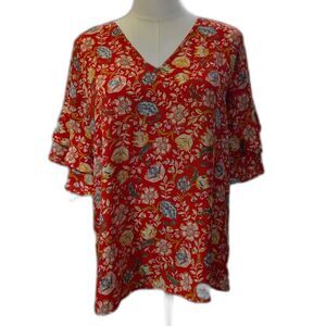 LOFT Red Floral V-Neck Blouse Small Flutter Sleeve